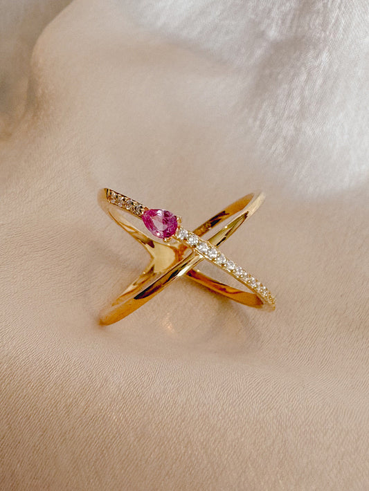 Anillo X con circones y gotita verde