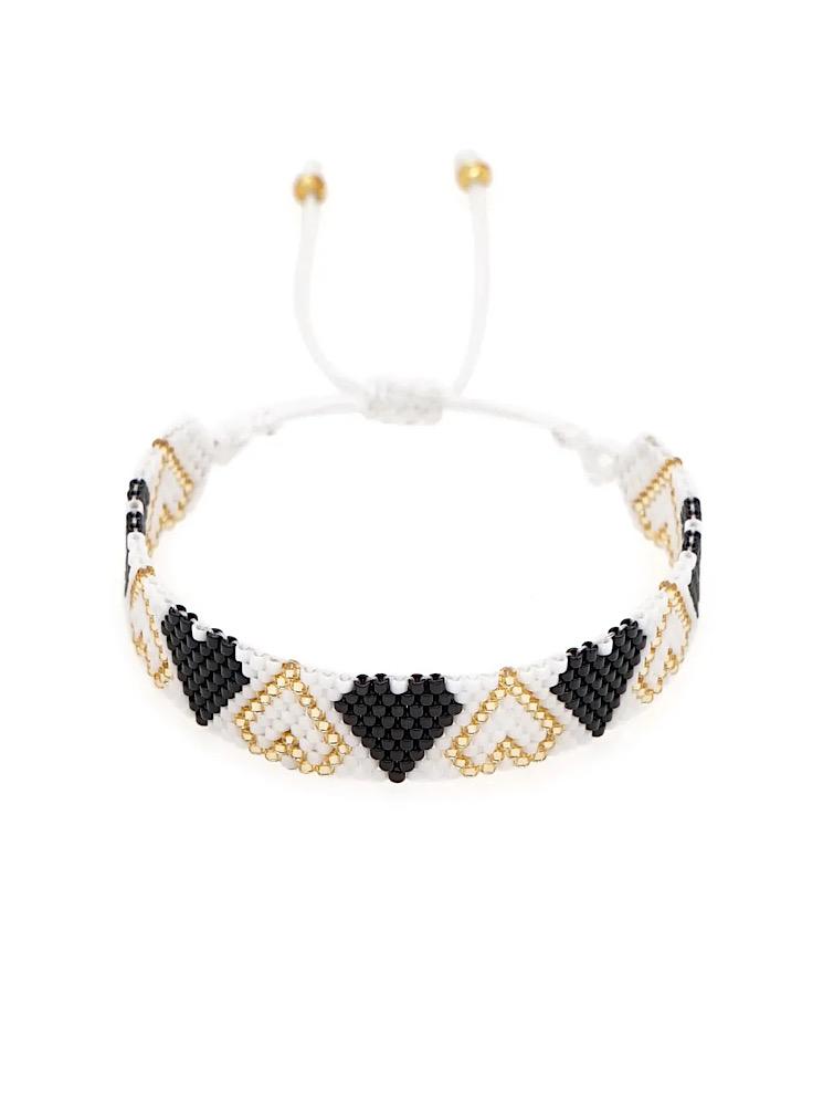Pulsera tejida miyuki 9 filas blanca con corazones negros y dorados