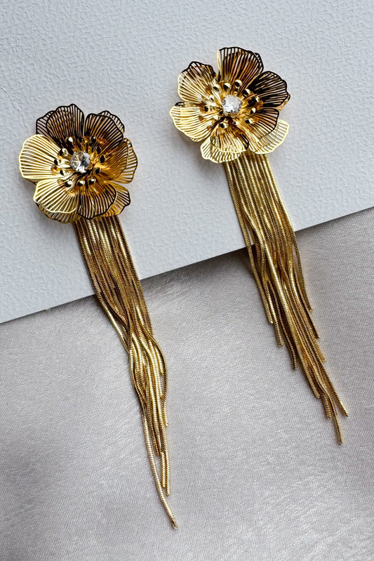 Aretes flor calada con circón y cadenas colgado