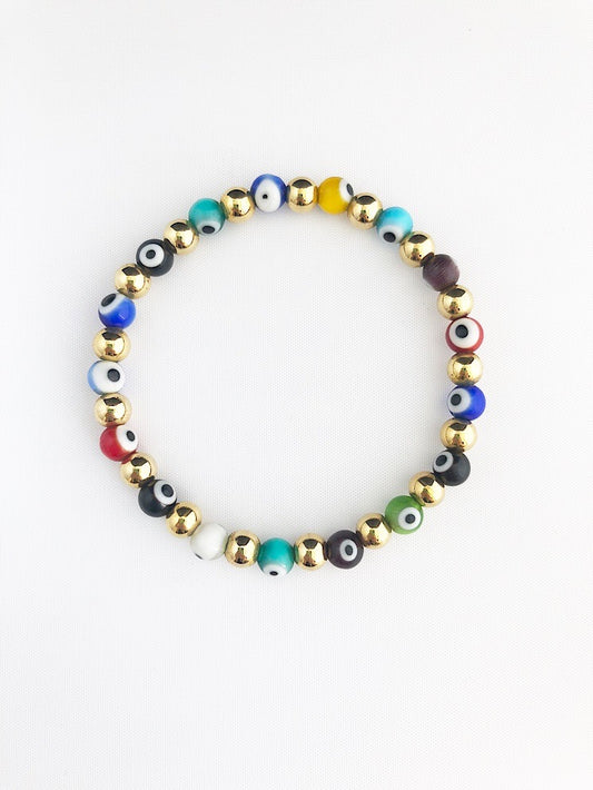 Pulsera elástica ojos turcos con bolas acero chicas
