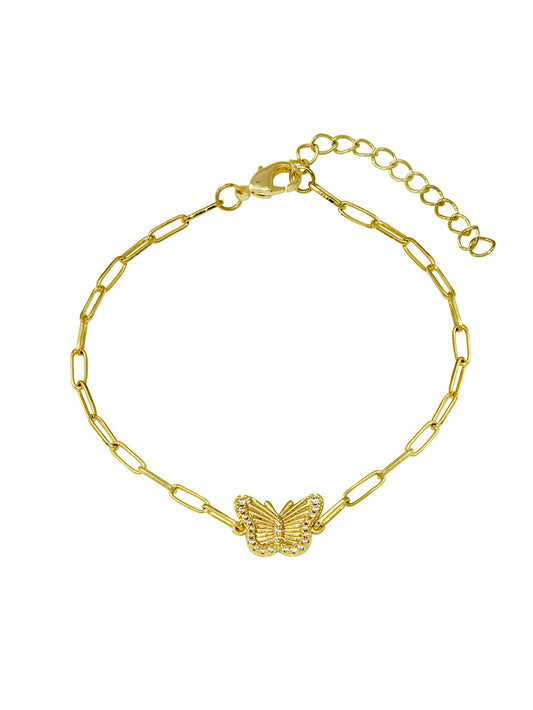 Pulsera paper clip con dije mariposa diamantada con circones