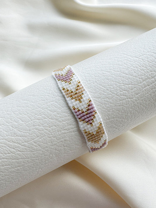 Pulsera tejida Miyuki 7 filas blanca con dorado y lila